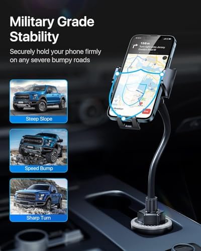 Military-Grade Adjustable Cup Phone Holder for Cars and Trucks – 2025 Enhanced 360° Gooseneck with Anti-Shake Technology for Universal Compatibility (4.0-7.0″) – Ideal for i Phone, Samsung, Pixel – Elevate Driving Experience and Safety