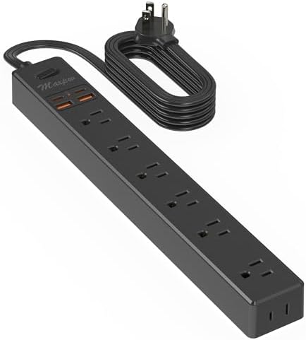 Dual Pack Surge Protector Power Strip with 7 Outlets & 4 USB Ports (2 USB-C) – 6 Ft Flat Plug Extension Cord for Ultimate Device Charging Efficiency – 1875 W/15 A, 1700 Joules Protection, Wall-Mountable for Home, Office, & Dorm Spaces – Sleek Design for Space Optimization and Safety