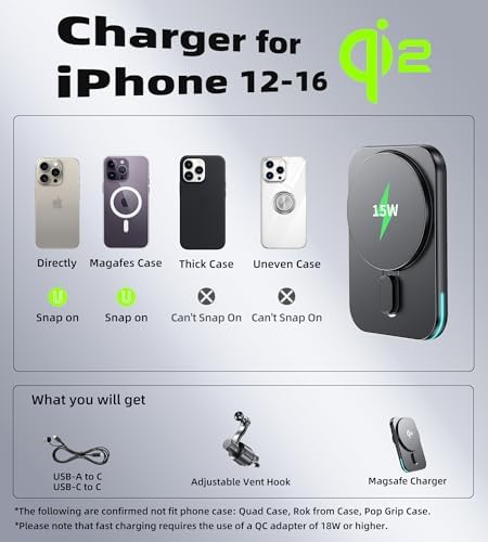 Effortless Charging on the Road: Qi2-Certified 15 W Mag Safe Car Charger Mount for i Phone 16/15/14/13/12 Pro Max Plus & Galaxy S25 – Secure Magnetic Holder for Fast, Reliable Performance and Enhanced Compatibility