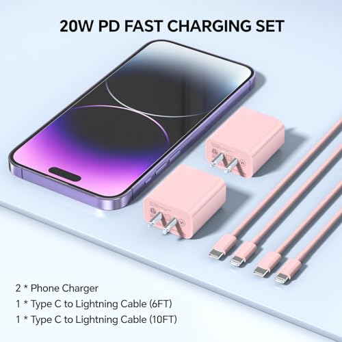 Ultra-Fast USB C Charger Block Set – 4 Pack 20 W PD Wall Charger with 6/10 FT MFi Certified USB-C to Lightning Cables for i Phone 14/13/12/11 Pro/Pro Max/Plus/XS/XR/X/SE/8 – Elegant Pink Design for Home & Travel Convenience