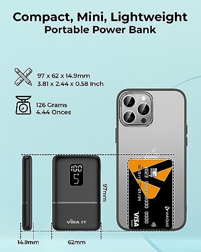 Vida IT 5000 m Ah Portable Charger – Lightweight USB-C Power Bank for i Phone XR, 11, 12, 13, Google Pixel, Samsung, Motorola, Xiaomi – Fast Charging with LED Display – Ideal for Heated Vests and Outdoor Use