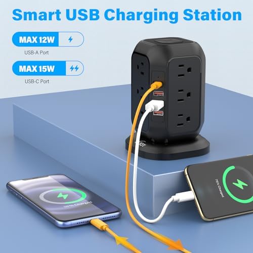 Ultimate Power Strip Tower with USB Ports – Ai Joy 12 AC Outlet Surge Protector and 4 USB Charging Station with 10 Ft Extension Cord, Overload Protection for Home, Office, and Dorm Use – Space-Saving Design for Enhanced Device Compatibility and Fast Charging