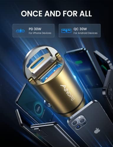 AINOPE 90 W Compact Dual Port USB-C Car Charger – Ultra-Fast Charging for i Phone 16 Pro Max, i Pad, and Samsung Devices – Sleek Metal Design for Maximum Efficiency and Enhanced Compatibility – Smallest Power Delivery Solution for On-the-Go Charging