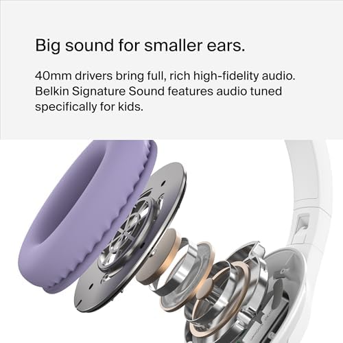 Belkin Sound Form Inspire Kids Wireless Over-Ear Headphones – Safe Listening with 85 d B Volume Limit, 35-Hour Battery Life, and Built-In Microphone – Ideal for Online Learning, Travel, and Fun – Trendy Lavender Compatible with i Phone, i Pad, Galaxy & More