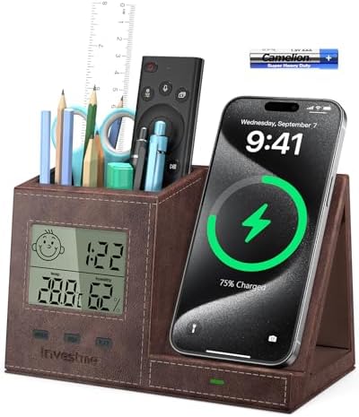Multi-Functional Desk Organizer with Wireless Charging, Digital Thermometer & Humidity Monitor – Stylish Brown Pen Holder for Home Office Efficiency and Clutter-Free Workspace