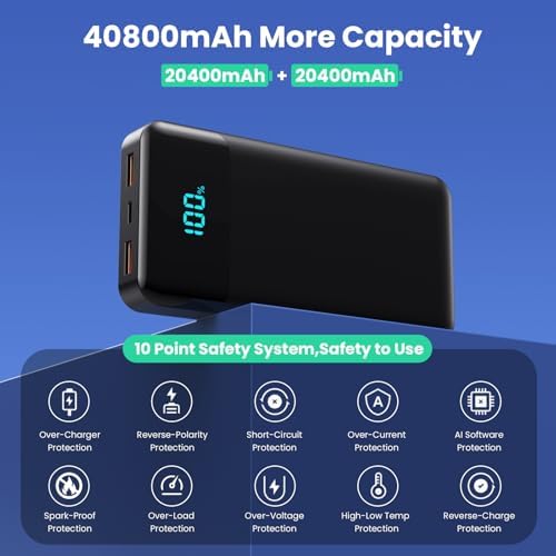 High-Capacity 40800 m Ah Portable Charger with Integrated Cables – Fast PD 25 W USB-C & QC4.0 Power Bank for i Phone 15/16 and Samsung – Smart LED Indicator, 5 Outputs for Multi-Device Charging – Ultimate Travel Companion for On-the-Go Power Solutions