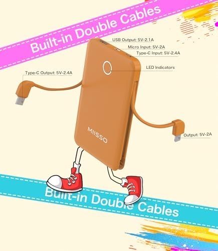 Ultra Slim 6000 m Ah Power Bank with Built-In USB C Cords – Card-Sized Portable Charger for Effortless On-the-Go Charging, Triple Output for i Phone, Samsung, Google Devices – Stylish and Compact Battery Pack for Enhanced Efficiency and Versatility