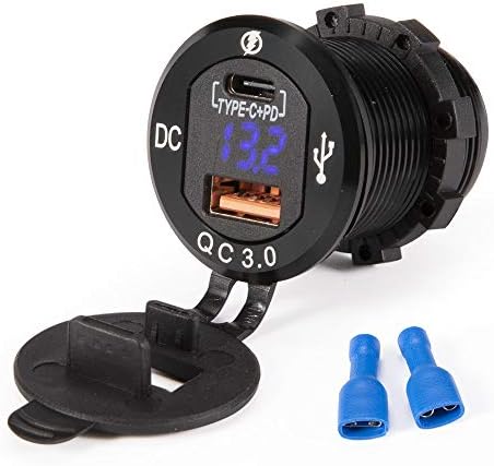 BUNKER INDUST Waterproof Dual Port USB Type-C Car Charger with LED Voltmeter – Quick Charge 3.0 Fast Charging Adapter for Boats, SUVs, UTVs, RVs, and Trucks – Durable Aluminum Design for 12 V/24 V Systems