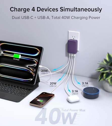 Elevate Your Charging Game with the 2 Pack Flat USB C Charger Block – 40 W Fast Charge Hub for i Phone 12-16, i Pad & Samsung Devices, Featuring 4 Ports for Simultaneous Power Delivery & Quick Charge, Sleek Light Blue Travel-Friendly Design Ideal for Home & On-the-Go Use