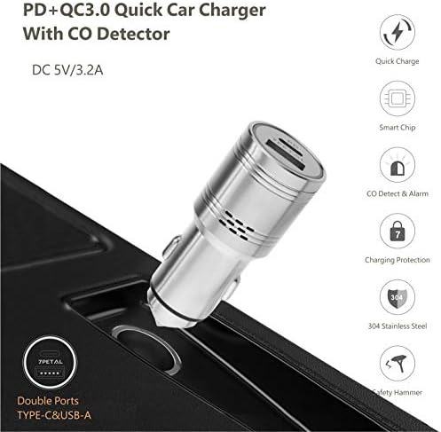 Revolutionary Dual-Port USB-C Car Charger with Integrated Carbon Monoxide Detection – Fast Charging Power Delivery 3.0 & Quick Charge 3.0 Compatible, Engineered from Durable 7 PETAL 304 Stainless Steel for Safety and Longevity, Perfect for i Phone, Samsung Galaxy, Google Pixel, and More