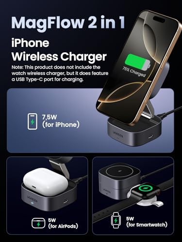UGREEN Mag Flow 2-in-1 Magnetic Foldable Charging Station – High-Speed Wireless Charger for i Phone 16, 15, 14, 13, 12 & Air Pods 3, 2 Pro – Portable & Tangle-Free Design for Effortless Connectivity and Enhanced Charging Efficiency
