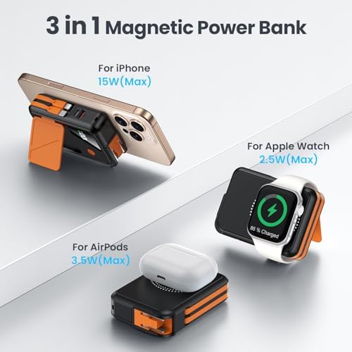 Revolutionary 3-in-1 Magnetic Wireless Power Bank – 10,000 m Ah Capacity with Built-in Cables and AC Plug – 22.5 W Fast Charging for i Phone 15/14/13/12, Apple Watch, and Air Pods – Ultimate Travel Companion for Seamless Device Charging