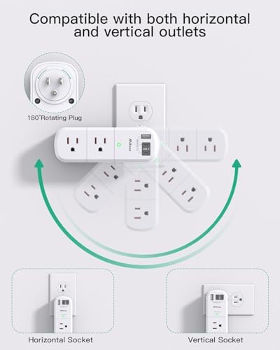 Mifaso 6-Outlet Surge Protector with 3 USB Fast Charging Ports – Rotating Plug Power Strip for Home, Travel, and Dorm Room Use – 1800 Joules of Protection with 3-Sided Swivel Design for Maximum Accessibility and Device Compatibility