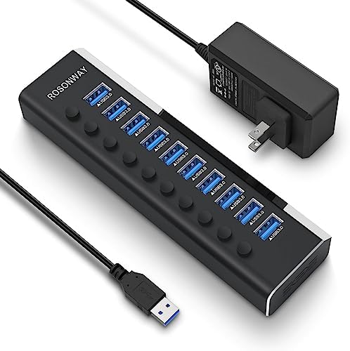 Enhance Your Workspace with the Rosonway Aluminum 10-Port USB 3.0 Hub – High-Speed Data Transfer, 36 W Power Adapter & Individual On/Off Switches for Ultimate Control – Perfect for Home and Office Connectivity