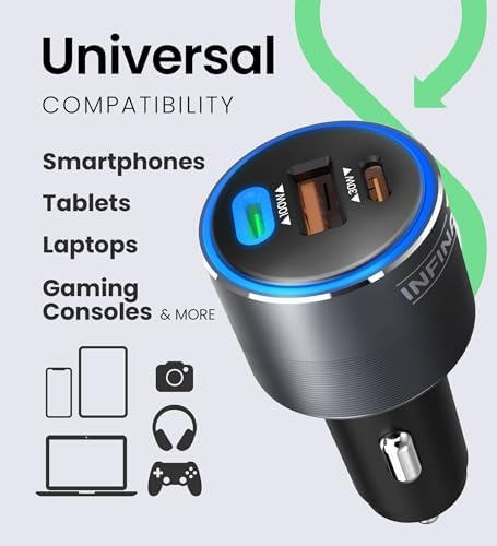 Infina Core 130 W USB Car Charger – Ultra-Fast Multi-Port USB-C & USB-A Vehicle Power Adapter – Essential On-the-Go Charging Solution for Phones, Tablets, Laptops – Universal Compatibility with i Phone, Samsung & More – Compact Design for Effortless Portability
