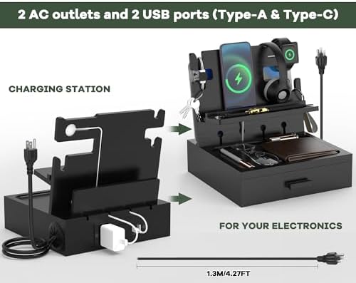 Nightstand Organizer with Charging Station, Wood Docking Station with USB Ports and Outlets, Gifts for Men, Bedside Holder with Drawer for Kindle,Phone,Key, Watch & Accessories (Classic Black) – Enhanced Compatibility and Speed