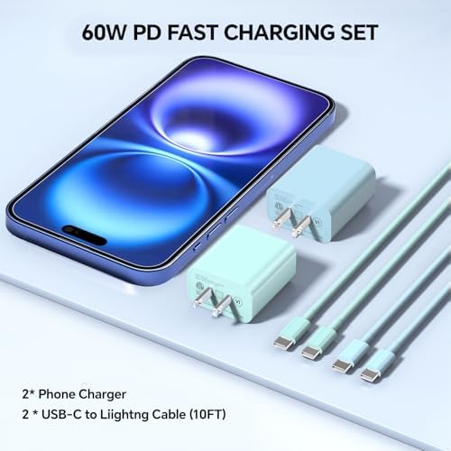 Lightning-Fast 20 W USB-C Wall Charger & 10 FT Cable for i Phone 15/16/Plus/Pro Max – Sleek Pink-Blue Power Adapter for Ultimate Charging Performance and Versatile Use