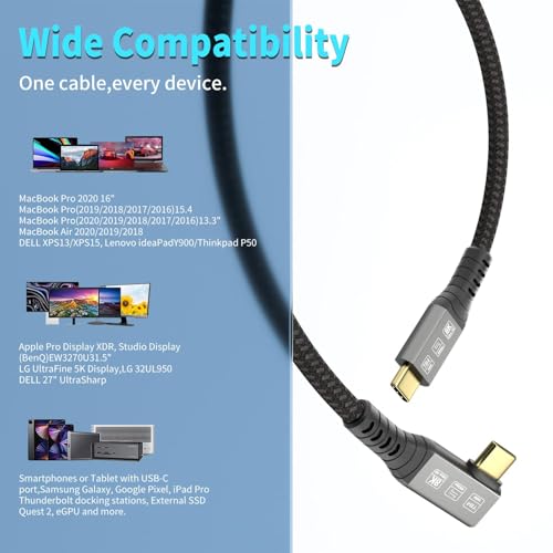 USB-C 4FT 40Gbps Braided Cable – 90 Degree, 8K Display, 100W Charging, Compatible with Thunderbolt 4/3 USB4/3, MacBook Pro, External SSD, eGPU – Enhanced Compatibility and Speed