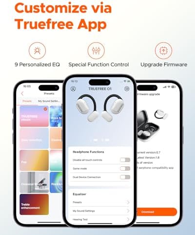 Experience Limitless Sound with truefree O1 Open Ear Headphones – Bluetooth 5.3 Wireless Earbuds Featuring 16.2 mm Drivers for Immersive Stereo, Noise-Cancellation Mic for Crystal-Clear Calls, 45 Hours Playtime, Perfect for Active Lifestyles and Sports Enthusiasts