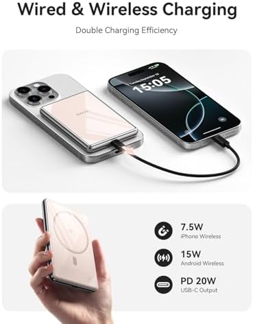 Ultra-Slim Kuulaa Mag Safe Battery Pack 5000 m Ah – Magnetic Portable Charger for i Phone 12-16 Pro Max with USB-C PD 20 W Fast Charging, Elegant Titanium Finish for On-the-Go Power Solutions