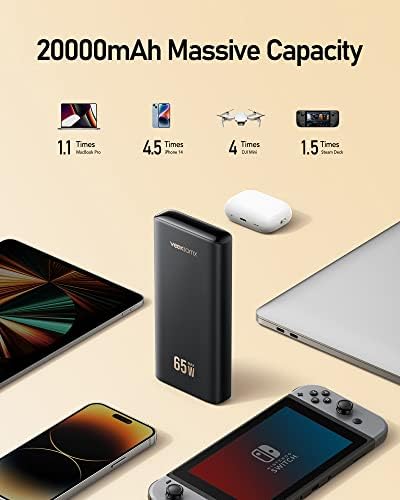 VEEKTOMX 65 W Fast Charging Laptop Power Bank – 20000 m Ah Portable USB-C PD 3.0 Charger for Mac Book, i Phone 15/14/13, i Pad, Samsung, Steam Deck – Ultimate Travel Companion with LED Display & Multi-Device Support