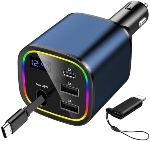 Ultimate AGEMANY 4-in-1 Retractable Car Charger: 78 W Fast Charging USB C Adapter for i Phone 16/15/14/13/12 & Android Devices, Stylish Cigarette Lighter Accessory with RGB Illumination – Perfect Gift for Tech-Savvy Drivers