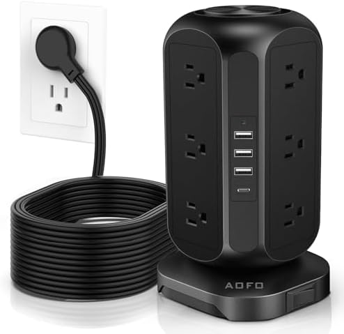 Revolutionize Your Charging Experience with the AOFO Power Strip Tower: 12 AC Outlets & 4 USB Ports (1 USB-C) Surge Protector with 10 Ft Extension Cord, Overload Protection, and Bulky Plug Compatibility for Home, Office, and Dorm Efficiency.