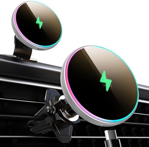 MOKPR 15 W Mag Safe Car Charger & Magnetic Phone Holder – Effortless Fast Wireless Charging with Dynamic LED RGB Lighting for i Phone 15/14/13/12 Series – Stylish Dash & Air Vent Mount for Enhanced Driving Experience and Convenient Accessibility