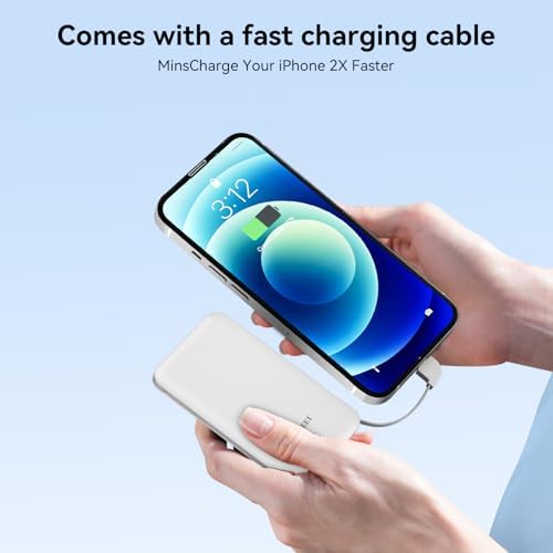 Mini 5000 m Ah Portable Power Bank with Integrated Cables and AC Plug – USB-C Fast Charging for i Phone & Android Devices – Ultra-Compact External Battery for On-the-Go Lifestyle – Essential Tech Accessory for Seamless Connectivity