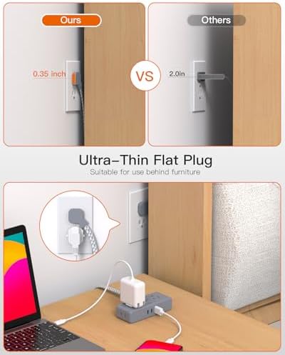 BESHON 10 ft Flat Plug Extension Cord with 4 Wide Outlets & 3 USB Ports (2 USB-C) – Versatile Power Strip for Home, Office & Dorm – Space-Saving Design with Surge Protection & Fast Charging Capabilities