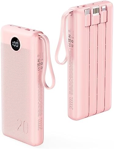 Ultimate 20000 m Ah VRURC Portable Charger with Built-in Cables – Fast Charging Power Bank for Travel, PD & QC 3.0 Compatible, 4 Output Ports & Dual Input, Ideal for i Phone, Samsung, Android Devices – Compact & Durable Battery Pack for On-the-Go Power