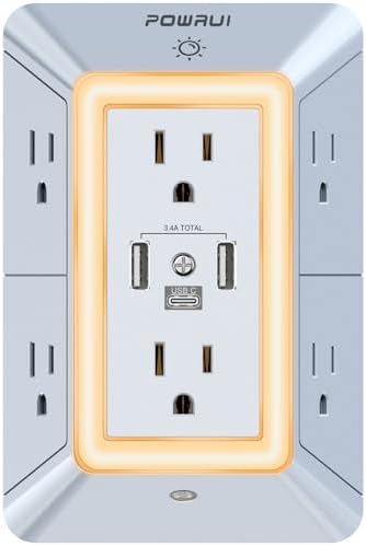 Maximize Your Charging Efficiency with the POWRUI 6-Outlet Extender & USB Wall Charger – Versatile Surge Protector with Dual 2.4 A USB Ports, Integrated Night Light, 3-Sided Design for Optimal Space Utilization, ETL Certified Safety, Ideal for Home and Office Use