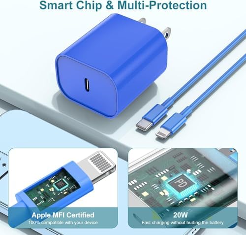 MFi Certified 20 W USB-C to Lightning Fast Charger for i Phone 14/13/12 – 6 FT Durable Cable & Power Delivery Block in Stylish Blue – Ultimate Solution for Rapid Charging of All Apple Devices Including i Pad Pro, XS, XR, 8 Plus – Optimized for Reliability and Speed