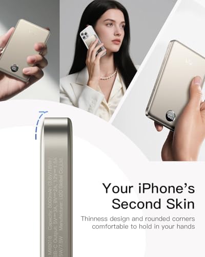 Ultra-Slim i WALK Magnetic Power Bank – 5000 m Ah Wireless Charger with LED Display for i Phone 16/15/14/13/12 Series – Ergonomic Design, Lightweight Portable Battery Pack for On-the-Go Charging