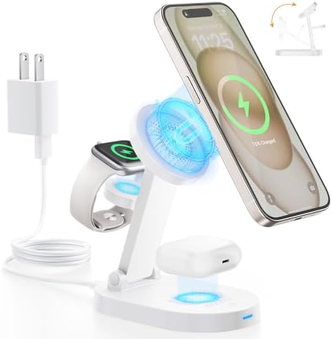 i Dsonix Premium 3-in-1 Mag-Safe Charging Station: Fast Wireless Charger for i Phone 15-12 Series, Air Pods & Apple Watch with Adjustable Stand and LED Light – Streamlined Design for Enhanced Compatibility and Efficiency