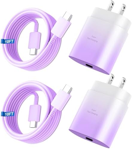 High-Speed 25 W Type C Wall Charger for Samsung Galaxy S25 Series – Includes Dual 10 FT USB-C Cables for Enhanced Flexibility and Safety – Lightning-Fast Charging with Compact Design for Travel Enthusiasts and Everyday Users