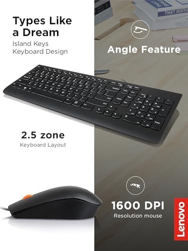 Lenovo 300 USB Wired Keyboard – Ergonomic Full-Size Design with Adjustable Tilt for Ultimate Comfort, Spill-Resistant & Compatible with Windows 7/8/10 – Enhance Your Typing Experience with Reliable Performance and Sleek Black Finish