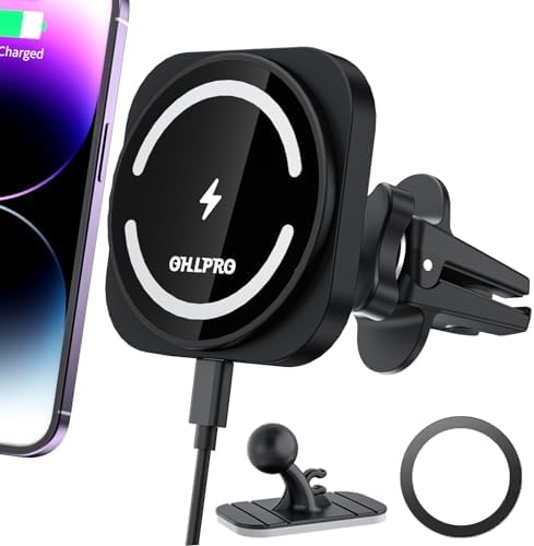 OHLPRO Mag Safe Car Mount Wireless Charger – 15 W Fast Charging Magnetic Phone Holder for i Phone 12-16 Series with Versatile Air Vent and Dashboard Installation – Enhanced Compatibility for On-the-Go Convenience and Safety
