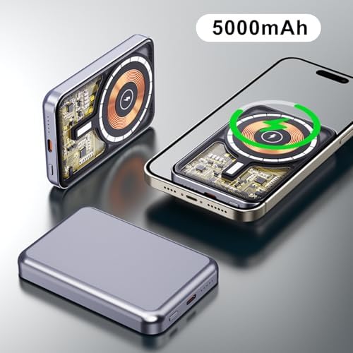 Ultra-Fast Magnetic Wireless Power Bank – 15 W Mag Safe-Compatible Portable Charger for i Phone 15/14/13/12/11/X | 5000 m Ah PD 20 W | Sleek Silver Design for Effortless Charging on the Go