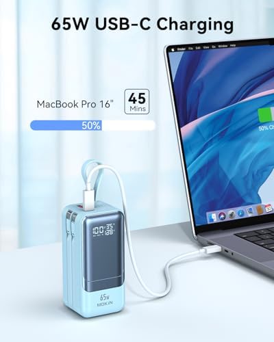 Ultra-Fast 65 W Portable Laptop Charger – 18400 m Ah Power Bank with Smart Display, Dual Built-in Cables, 4 Output Ports, Travel-Friendly Design for Mac Book, i Phone 15/14/13, i Pad, Samsung – Compact Power Solution for On-the-Go Charging