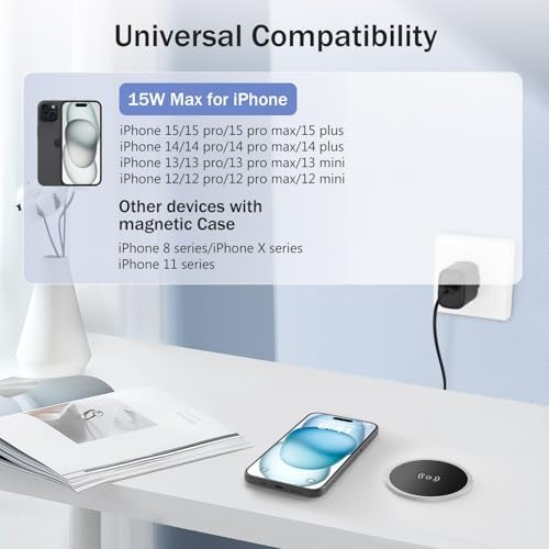 Sleek Wireless Magnetic Charger Desk Mount – 15 W Fast Mag-Safe Charging Pad for i Phone 16 Pro Max, Plus 15, 14, 13, 12 Series – Space-Saving Recessed Design for Organized Workspaces – Qi-Certified Fast Charging Solution with Enhanced Compatibility