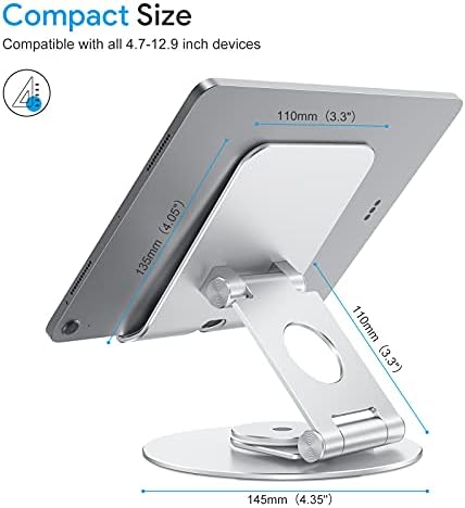 OMOTON 360-Degree Rotating Tablet Stand – Adjustable and Foldable i Pad Holder for Ultimate Versatility in Drawing and Viewing – Compatible with i Pad Pro, Air, Mini, and More – Modern Silver Design for Enhanced Workspace Aesthetics and Productivity
