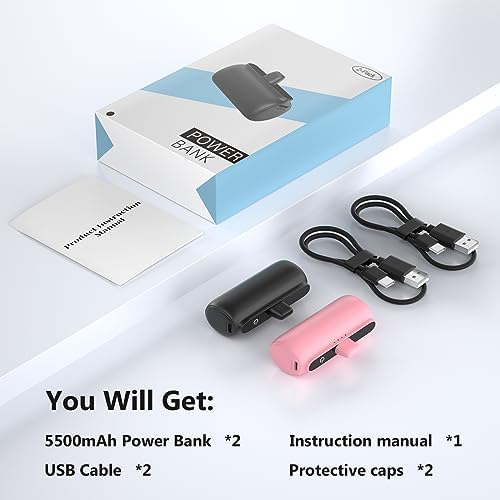 Dual Pack 5500 m Ah Mini Portable Charger for i Phone – Ultra-Compact Power Bank with PD Fast Charging in Stylish Black & Pink – Perfect Travel Accessory for i Phone 14/13/12/11/X/8/7/6 – Enhanced Compatibility & Convenience for On-the-Go Power
