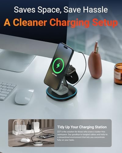M.A.D Lab Z27 15 W Magnetic 3-in-1 Charging Station: Fast, Space-Saving Wireless Charger for i Phone 16/15/14/13/12, Air Pods, Apple Watch & Android Devices – Qi2 Compatible with Over-Current Protection for Enhanced Safety and Efficiency