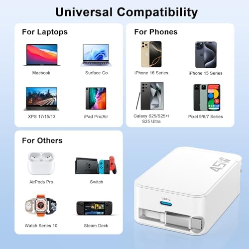 45 W Retractable Wall Charger with Type-C Cable – Fast USB-C Power Delivery for i Phone 16/15 Pro Max, i Pad Pro, Galaxy, and Pixel – Compact Travel Charger with Foldable Plug for Tangle-Free Convenience and Enhanced Compatibility