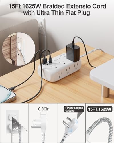 15 Ft USB Surge Protector Power Strip with 4 Fast-Charging Ports – Versatile 6-Outlet Desk Charging Station, Flat Plug & Wall Mount Design for Home Office, Dorm Room – Enhanced Durability & Convenience