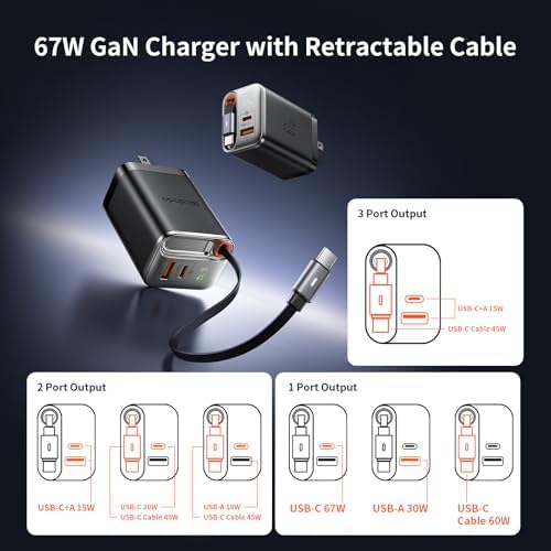 Mcdodo 67 W Ga N USB C Charger Block with Retractable Type-C Cable – Dual Port Fast Charging for i Phone 16/15, Galaxy, i Pad, and Mac Book – Compact, Foldable Design for Ultimate Portability and Enhanced Efficiency