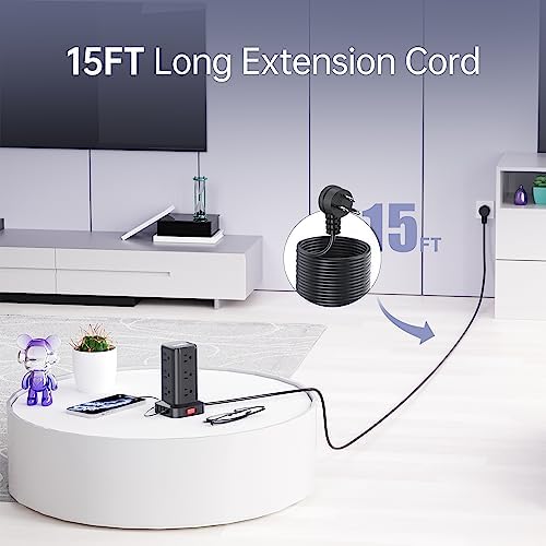 15 FT USB C Surge Protector Power Tower with 12 AC Outlets & 4 Rapid Charging USB Ports – Ultimate Overload Protection for Home and Travel Efficiency – Compact, Versatile Charging Solution for Modern Devices