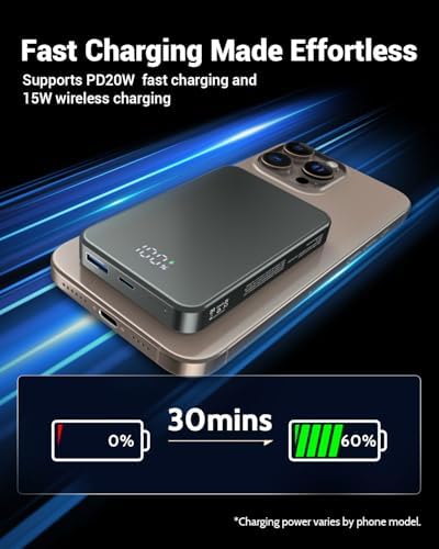 26800 m Ah Magnetic Power Bank – Premium Aluminum Alloy Portable Charger with 20 W USB-C Fast Charging for i Phone 12-16 Series, Sleek Silvery Gray, Effortless Wireless Charging for On-the-Go Power Solutions