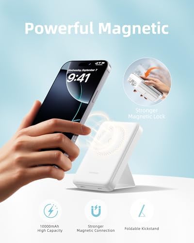 Ultra-Slim Magnetic Wireless Charger with 10,000 m Ah Power Bank and Foldable Stand – Fast Charging for Effortless Device Compatibility and Hands-Free Convenience
